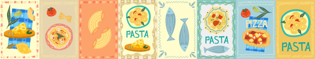 Postcard food set with pasta, pizza and sardines. Italian food poster. Kitchen postcard with Italian spaghetti, cheese and fish