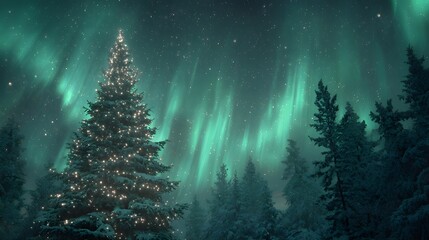 Magical Christmas Tree and Aurora Borealis in Winter Forest