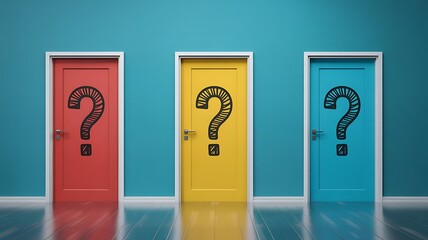 Three colorful doors with question marks on them representing choices and decisions in life or business