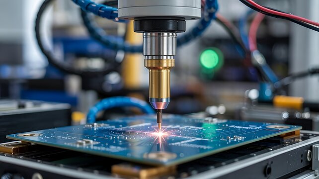 Precision robotic arm performing intricate soldering on a complex blue printed circuit board in a modern industrial manufacturing setting