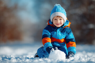 joyful child plays in snow with bright smile creating snowman under clear blue sky