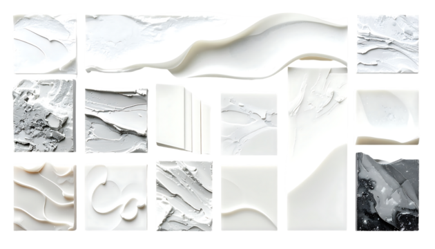 Abstract grayscale collage of textured, painterly swipes and smears in varying shades of white and gray, arranged in a grid