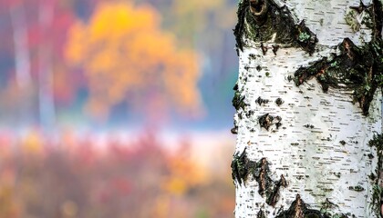 Close-up of a birch tree trunk's textured bark, with colorful, blurred autumn foliage in the background