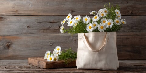Blank Canvas Tote Bag Displayed with Fresh Daisies on Rustic Wooden Surface