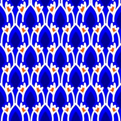 Abstract seamless pattern with blue and orange flower petals 