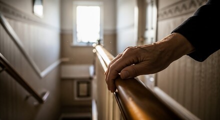 Elderly Person Using Handrail on Staircase for Fall Prevention, Safety Awareness, Home Environment, Health Education, and Senior Care Resources