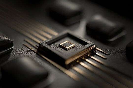 Close-up of a microchip; a dark square component centered, nestled within a gold-trimmed, textured black surface, flanked by parallel gold lines