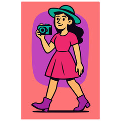 Female Tourist Photographer Walking with Camera & Sun Hat — Travel Blogger Character, Modern Flat Vector