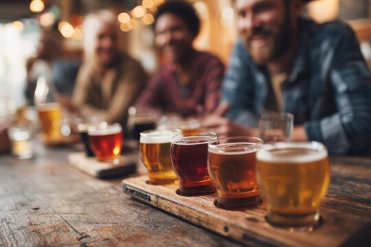 A group of friends seated at a wooden table with craft beer flights They compare flavors and laugh together The mood feels casual and social