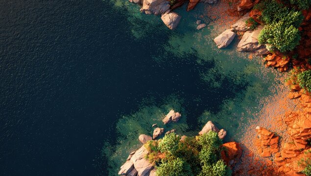 High-angle view of a rocky shoreline meeting a deep body of water