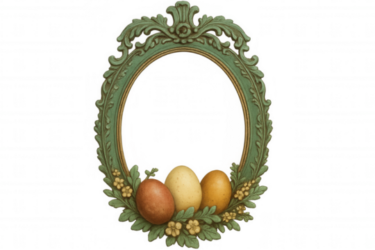 Ornate easter oval frame with decorative greens and traditional eggs, offering a festive spring holiday background