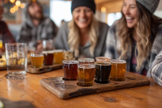 A group of friends seated at a wooden table with craft beer flights They compare flavors and laugh together The mood feels casual and social
