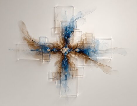 Abstract cross-shaped artwork featuring translucent geometric forms overlaid with swirling, smoky blue and brown hues, and speckled with golden highlights against a light beige background