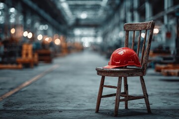 Hard hat sitting on a wooden chair in an industrial manufacturing facility, symbolizing work and safety