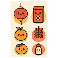 Kawaii Autumn Festival Icons — Lantern, Mooncake, Pumpkin & Tea Bag Set, Cute Flat Vector