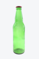 green glass beer bottle with a red metal cap, minimalist design, for product mockups, packaging design, advertising, branding, beverage promotions, beer bottle photo, isolated on a white background