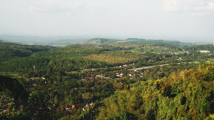 Obraz premium aerial view of green forest and traditional rural village spread across lush hills and valleys, dense jungle trees, countryside houses, and natural landscapes, environmental projects nature background