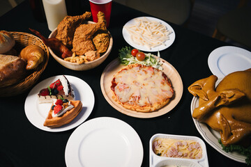 A cozy Halloween party dining scene at home with a black tablecloth, assorted dishes including cake and fried chicken, red cups,smiling jack-o’-lantern centerpiece, illuminated by warm dim lighting