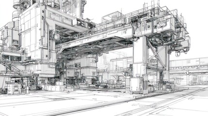 Obraz premium Detailed sketch of a large, futuristic industrial complex with intricate architectural details
