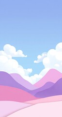 Obraz premium Pastel pink and purple mountains under a light blue sky with fluffy white clouds; minimalist, stylized landscape