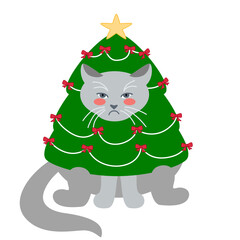 Vector illustration of a grumpy Christmas cat dressed as a decorated tree with a golden star, red bows, and garlands. Playful festive design for holiday cards, decor, prints, and seasonal projects.