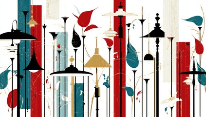 Abstract street lamp design with vibrant red, teal, and black colors, exhibiting a decorative and artistic style.