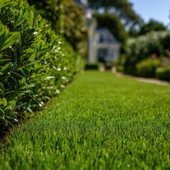 Lush green lawn bordered by hedges, out-of-focus house in background