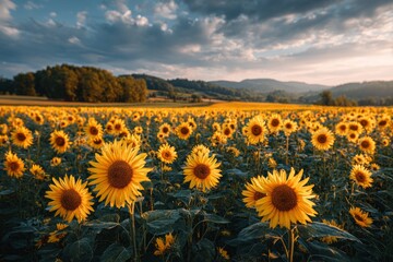 Obraz premium Sunflowers filling a rural field under a warm sunset light and cloudy sky