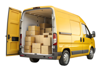 yellow van full of cardboard boxes with open door png image on transparent background