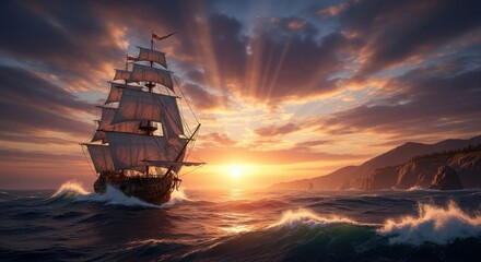 Obraz premium Majestic Sailboat Navigates Ocean Waves During Golden Hour