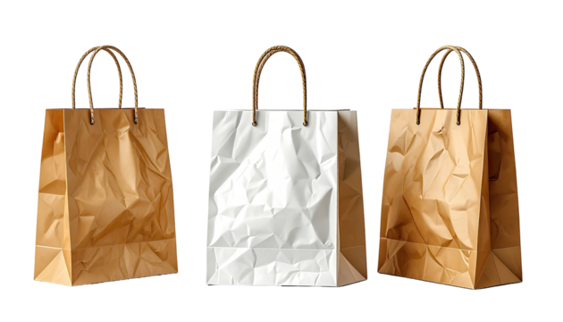 Three crumpled paper shopping bags, one beige, one white, and one tan.  Each bag has a rope-like handle