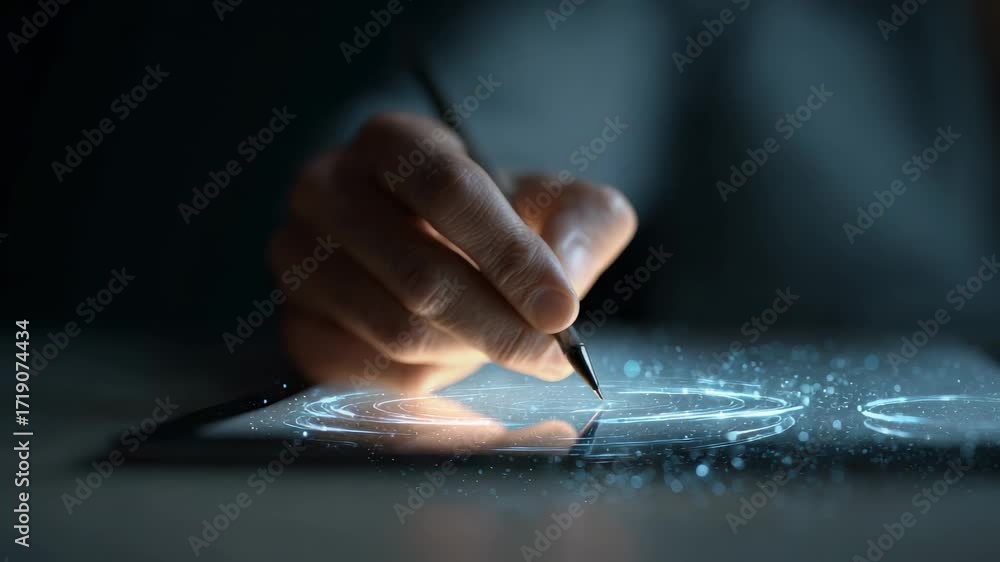 Aufkleber professional businessman drawing innovative glowing user interface on digital tablet, representing a