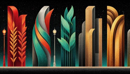 A stylized cityscape at night, showcasing abstract buildings and plants, with vibrant colors and a textured style.