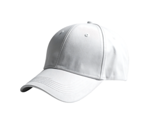 A plain white baseball cap, angled slightly to the left, showcases a structured crown and curved brim, exhibiting a clean, minimalist design