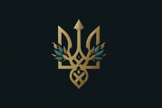 Ornate golden trident with teal leaves representing ukraine's national emblem
