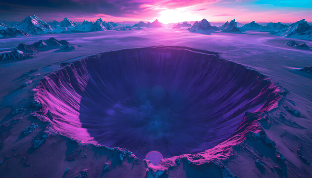 Alien crater in barren desert with steep purple walls, snowy mountains, pink light reflection, and dramatic sunset sky in surreal planetary landscape for clean sci-fi visuals