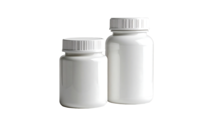 Two white plastic supplement bottles, one smaller than the other, with white ribbed lids, isolated on a black background