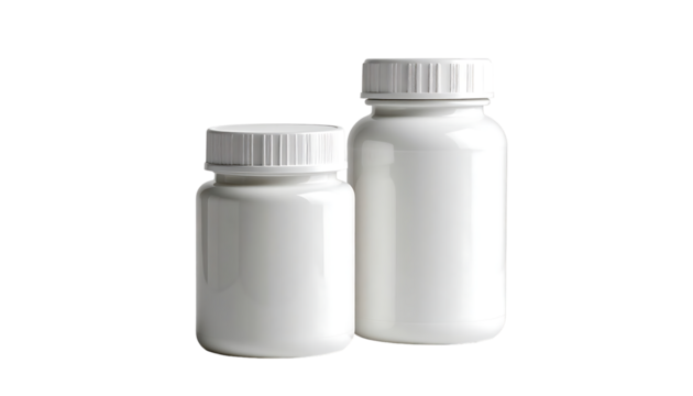 Two white plastic supplement bottles, one smaller than the other, with white ribbed lids, isolated on a black background