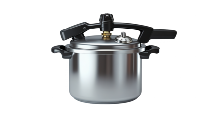 A modern, stainless steel pressure cooker, highlighted against a black background, showcases its sleek design and functional elements.