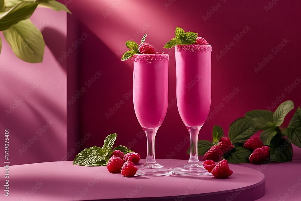 Poster a vibrant layout with raspberry coconut smoothies in tall fluted glasses, finished with raspberry du