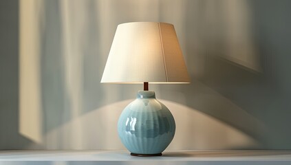 A pale blue ceramic table lamp with a cream-colored shade casts a soft glow against a muted background, illuminated by subtle light