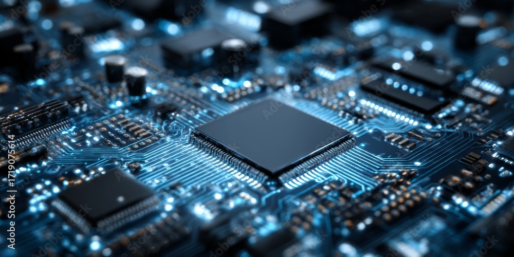 Poster modern technology circuit board with it focused concept in blue color scheme and digital networking 