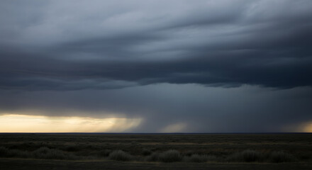 Dramatic dark storm clouds gather over a vast open landscape with rain falling in the distance