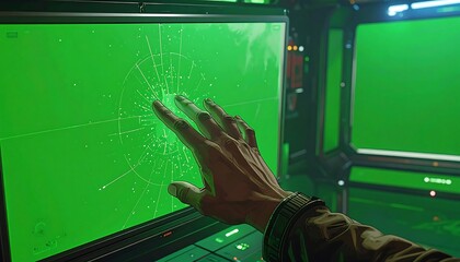 Hand interacting with a futuristic green screen