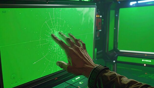 Hand interacting with a futuristic green screen - Powered by Adobe