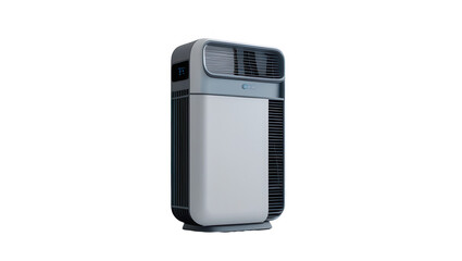 A modern, sleek air purifier, featuring a muted color palette, stands out against a plain black background.