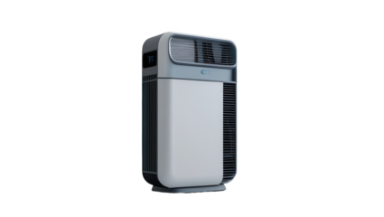 A modern, sleek air purifier, featuring a muted color palette, stands out against a plain black background.