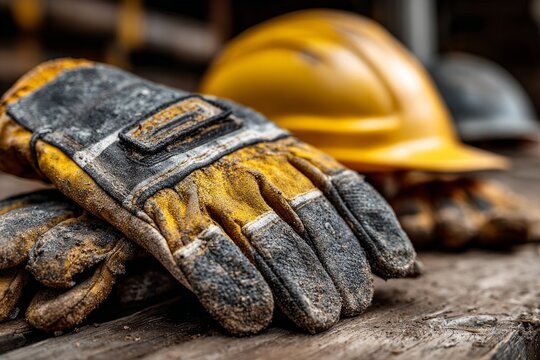 Dirty work gloves and a yellow hard hat are resting on a wooden surface, showing hard work