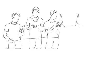 Friends playing smartphone connected on the same network. Friends’ lan concept one-line drawing