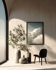 A serene modern interior showcasing muted tones, natural elements, and a tranquil ambiance.